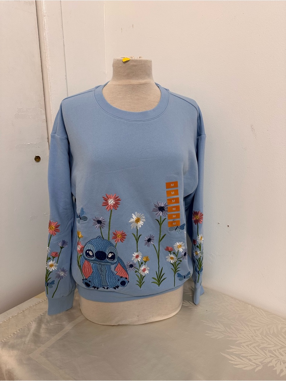 Disney Light Blue Embroidered Stitch Sweatshirt with Floral Motif